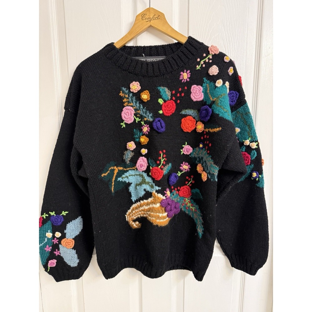 VTG Roberta Freymann HandKnit Wool Sweater Artsy Floral Embroidered Wrap Medium